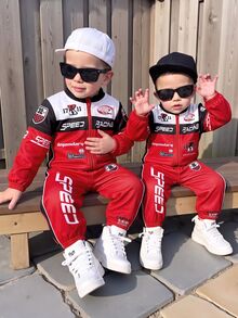 SHEIN Newborn Baby Street Style Colorblock Motorcycle Letter Print Pattern Autumn Romper - Red - View 3