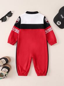 SHEIN Newborn Baby Street Style Colorblock Motorcycle Letter Print Pattern Autumn Romper - Red - View 5