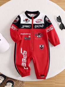 SHEIN Newborn Baby Street Style Colorblock Motorcycle Letter Print Pattern Autumn Romper - Red - View 6