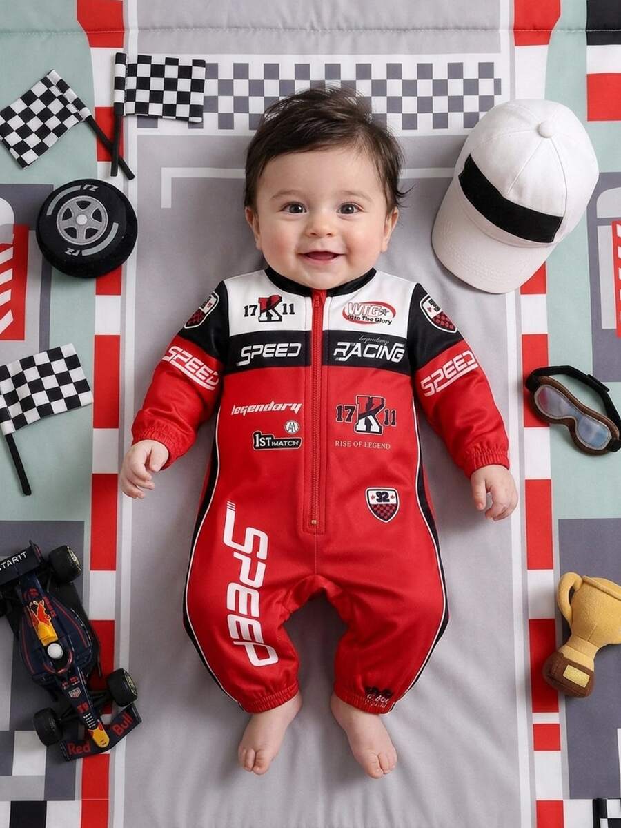 SHEIN Newborn Baby Street Style Colorblock Motorcycle Letter Print Pattern Autumn Romper - Red - View 1