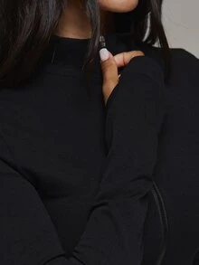 Musera Sport Jaket Active Coord Fitted Crop Kerah Tinggi dengan Ritsleting Depan dan Lubang Jempol Gaya BBL, Hanya Jaket, Sport Essentials Basics untuk Musim Gugur dan Musim Dingin - Hitam - View 6