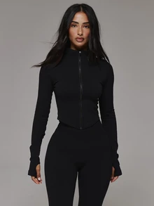 Musera Sport Jaket Active Coord Fitted Crop Kerah Tinggi dengan Ritsleting Depan dan Lubang Jempol Gaya BBL, Hanya Jaket, Sport Essentials Basics untuk Musim Gugur dan Musim Dingin - Hitam - View 2