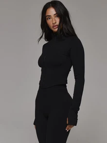 Musera Sport Jaket Active Coord Fitted Crop Kerah Tinggi dengan Ritsleting Depan dan Lubang Jempol Gaya BBL, Hanya Jaket, Sport Essentials Basics untuk Musim Gugur dan Musim Dingin - Hitam - View 4