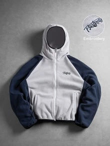 PAVTROS Men's Colorblock Fleece Hooded Jacket, Raglan Sleeve Full Zip Hoodie, Contrast Patchwork Embroidered Logo Design, Suitable For Outdoor And Daily Wear, Gift For Friends And Boyfriend, Men's Zip-Up Jacket, Men's Hooded Jacket, Autumn/Winter - Light Grey - View 1