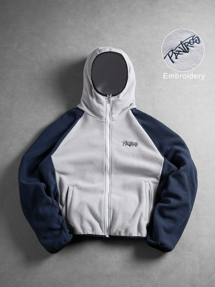 PAVTROS Men's Colorblock Fleece Hooded Jacket, Raglan Sleeve Full Zip Hoodie, Contrast Patchwork Embroidered Logo Design, Suitable For Outdoor And Daily Wear, Gift For Friends And Boyfriend, Men's Zip-Up Jacket, Men's Hooded Jacket, Autumn/Winter - Light Grey - View 1