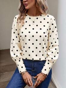 SHEIN LUNE Black White Polka Dot Print Lantern Sleeve Top Office Autumn French Elegant - Multicolor - View 5