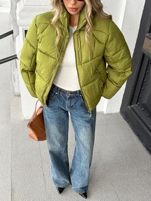 Pariaura Stand Collar Short Puffer Jacket With 3-Segment Zipper Pocket Design, Quilted Grid Stitching, Non-Leaking Filling, Casual Everyday Commute Warm Coat - Green - View 4