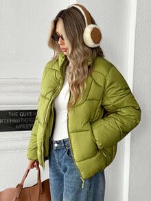 Pariaura Stand Collar Short Puffer Jacket With 3-Segment Zipper Pocket Design, Quilted Grid Stitching, Non-Leaking Filling, Casual Everyday Commute Warm Coat - Green - View 8