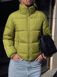 Pariaura Stand Collar Short Puffer Jacket With 3-Segment Zipper Pocket Design, Quilted Grid Stitching, Non-Leaking Filling, Casual Everyday Commute Warm Coat - Green - View 1