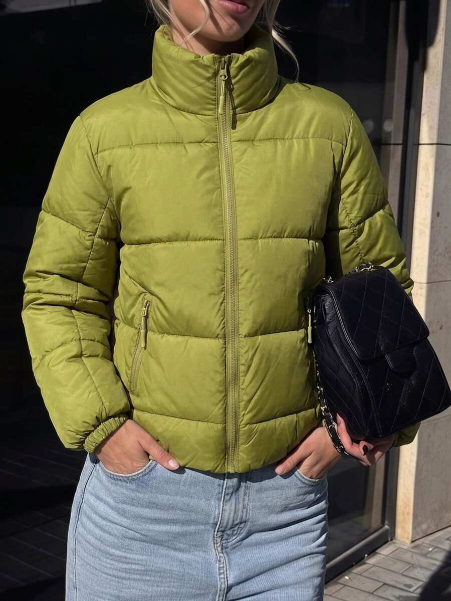 Pariaura Stand Collar Short Puffer Jacket With 3-Segment Zipper Pocket Design, Quilted Grid Stitching, Non-Leaking Filling, Casual Everyday Commute Warm Coat - Green - View 1