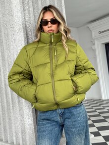 Pariaura Stand Collar Short Puffer Jacket With 3-Segment Zipper Pocket Design, Quilted Grid Stitching, Non-Leaking Filling, Casual Everyday Commute Warm Coat - Green - View 6