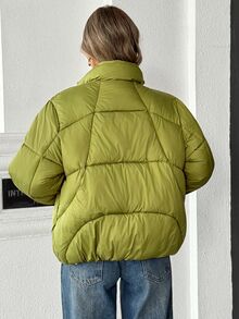 Pariaura Stand Collar Short Puffer Jacket With 3-Segment Zipper Pocket Design, Quilted Grid Stitching, Non-Leaking Filling, Casual Everyday Commute Warm Coat - Green - View 2