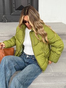 Pariaura Stand Collar Short Puffer Jacket With 3-Segment Zipper Pocket Design, Quilted Grid Stitching, Non-Leaking Filling, Casual Everyday Commute Warm Coat - Green - View 5