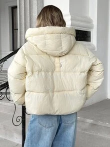 Pariaura Korean Style Minimalist Hooded Quilted Cotton Jacket With Drawstring Collar For Warmth, Symmetrical Diagonal Zipper Pockets, Matte Fabric, 4 Basic Colors Available, Lightweight Warm Winter Coat For Commuting And Travel - Beige - View 2