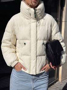 Pariaura Korean Style Minimalist Hooded Quilted Cotton Jacket With Drawstring Collar For Warmth, Symmetrical Diagonal Zipper Pockets, Matte Fabric, 4 Basic Colors Available, Lightweight Warm Winter Coat For Commuting And Travel - Beige - View 1
