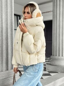 Pariaura Korean Style Minimalist Hooded Quilted Cotton Jacket With Drawstring Collar For Warmth, Symmetrical Diagonal Zipper Pockets, Matte Fabric, 4 Basic Colors Available, Lightweight Warm Winter Coat For Commuting And Travel - Beige - View 3