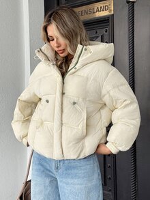 Pariaura Korean Style Minimalist Hooded Quilted Cotton Jacket With Drawstring Collar For Warmth, Symmetrical Diagonal Zipper Pockets, Matte Fabric, 4 Basic Colors Available, Lightweight Warm Winter Coat For Commuting And Travel - Beige - View 5
