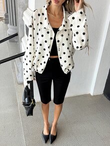 Pariaura Women's Early Autumn New Polka Dot Print Pocket Decor Drawstring Pink Jacket Thin Outerwear - Pink - View 5