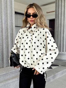 Pariaura Women's Early Autumn New Polka Dot Print Pocket Decor Drawstring Pink Jacket Thin Outerwear - Pink - View 1