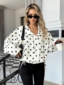 Pariaura Women's Early Autumn New Polka Dot Print Pocket Decor Drawstring Pink Jacket Thin Outerwear - Pink - View 4