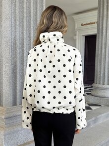 Pariaura Women's Early Autumn New Polka Dot Print Pocket Decor Drawstring Pink Jacket Thin Outerwear - Pink - View 2