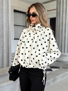 Pariaura Women's Early Autumn New Polka Dot Print Pocket Decor Drawstring Pink Jacket Thin Outerwear - Pink - View 3