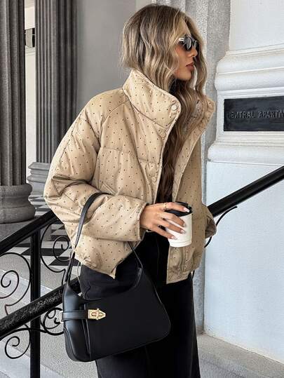 Pariaura New Fashion Small Polka Dot Stand Collar Padded Coat, Loose Lazy Versatile Gentle Commuter Coat