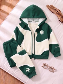 Young Boys Letter Embroidery Colorblock Zip Up Hoodie And Sweatpants 2-Piece Sporty Outfit Set - Multicolor - View 3