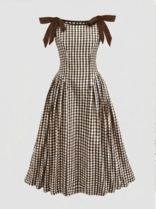 Firerie Kids Firerie Kids Tween Girl Brown & White Plaid Detachable Bow Round Neck Sleeveless Tank Dress - Brown - View 4