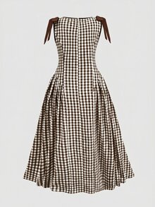 Firerie Kids Firerie Kids Tween Girl Brown & White Plaid Detachable Bow Round Neck Sleeveless Tank Dress - Brown - View 2