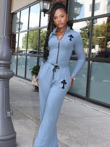 Steph T Women's Cross Embroidery Zip Front Cardigan And Drawstring Waist Pants Casual Suit - Blue - View 5