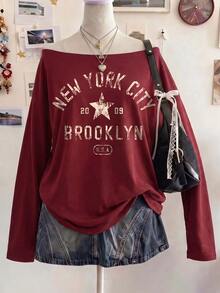 Lalippa 女款 2000 年代風格露肩印花 T 恤，印有「NEW YORK」字樣，休閒復古，適合通勤、派對與返校穿著 - 彩色 - 查看 1