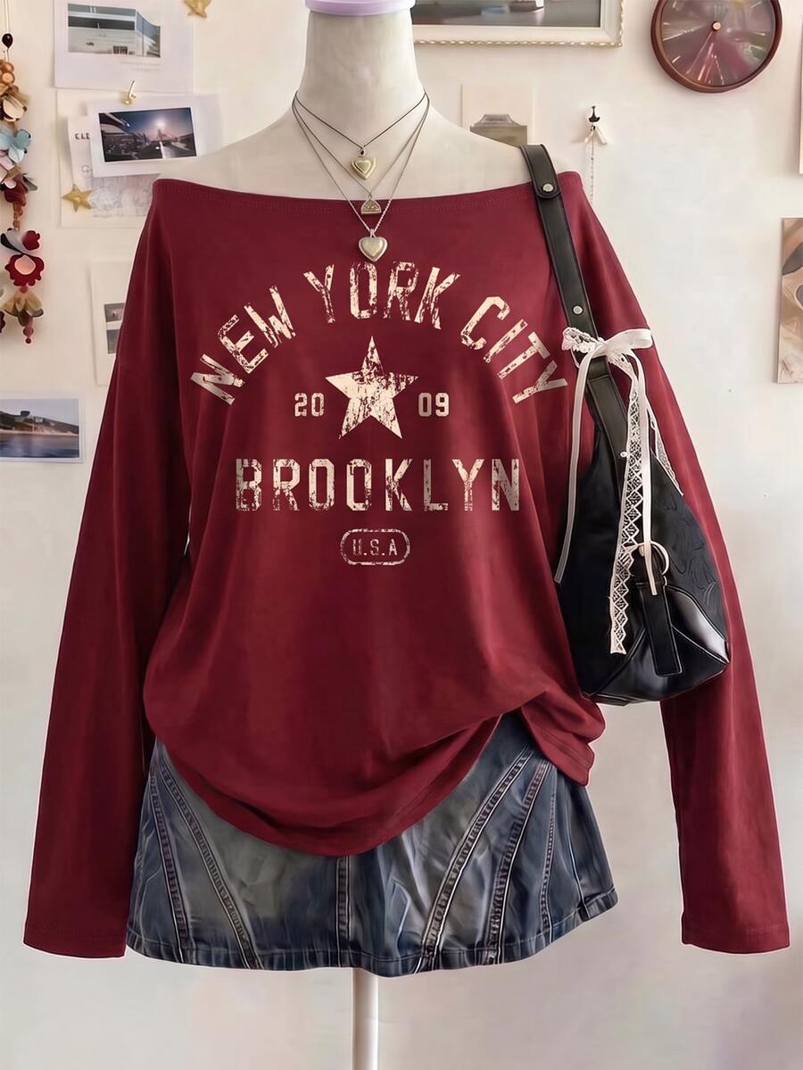 Lalippa 女款 2000 年代風格露肩印花 T 恤,印有「NEW YORK」字樣,休閒復古,適合通勤、派對與返校穿著 - 彩色 - 查看 1
