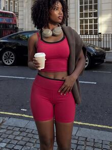 Rovax Women's Colorblock Patchwork Camisole & Shorts Sports Set - Red - View 3
