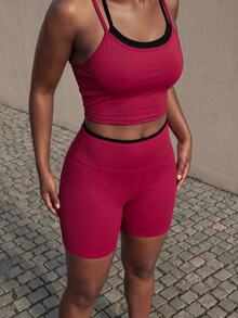 Rovax Women's Colorblock Patchwork Camisole & Shorts Sports Set - Red - View 7