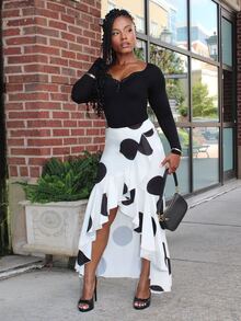 Steph T Women's White And Black Polka Dot High Waist Asymmetrical Ruffle Split Hem Maxi Skirt,Summer Elegant Boho Flowy Long Skirt For Holiday,Vacation,Y2K - Black and White - View 1