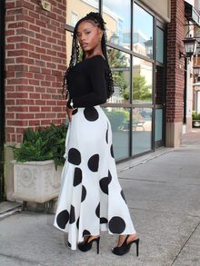 Steph T Women's White And Black Polka Dot High Waist Asymmetrical Ruffle Split Hem Maxi Skirt,Summer Elegant Boho Flowy Long Skirt For Holiday,Vacation,Y2K - Black and White - View 3