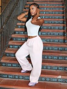 Steph T Oversized Drawstring Tracksuit Bottoms Only Sport Co-Ord Active Workout Gym Pilates Fitness Daily Casual Smoky Quartz Holiday Summer - Pink - View 6