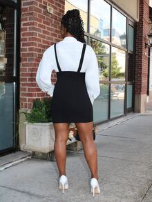 Steph T Suspender Waist Fitted Skirt With Button Decor, Elegant & Romantic, Suitable For Work, Commute And Casual Outings - Black - View 2