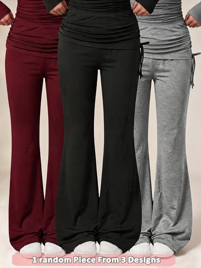 Girls' Pleated Slim Pants, Adjustable Drawstring, Layered Waistline, Casual Cargo Baggy Autumn Work Sports Black
