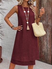 EMERY ROSE Casual Solid Color Round Neck A-Line Summer Dress, Women's Summer Dress - Burgundy - View 1