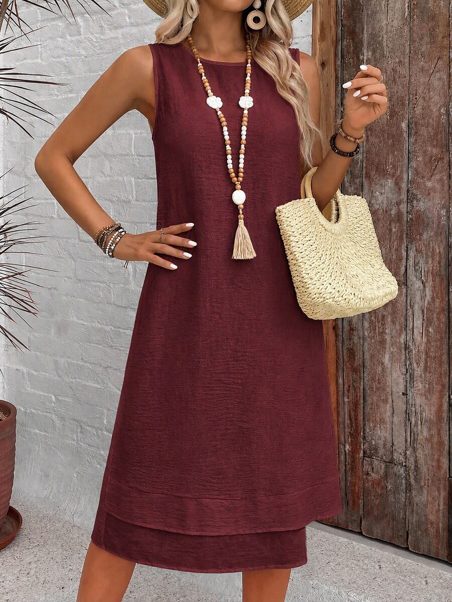 EMERY ROSE Casual Solid Color Round Neck A-Line Summer Dress, Women's Summer Dress - Burgundy - View 1