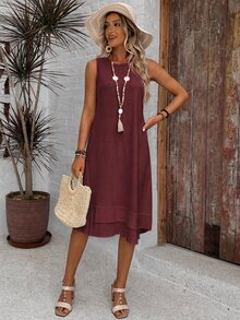 EMERY ROSE Casual Solid Color Round Neck A-Line Summer Dress, Women's Summer Dress - Burgundy - View 4
