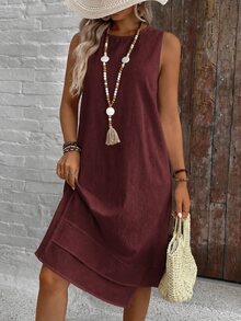 EMERY ROSE Casual Solid Color Round Neck A-Line Summer Dress, Women's Summer Dress - Burgundy - View 2