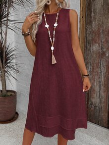 EMERY ROSE Casual Solid Color Round Neck A-Line Summer Dress, Women's Summer Dress - Burgundy - View 6