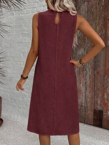EMERY ROSE Casual Solid Color Round Neck A-Line Summer Dress, Women's Summer Dress - Burgundy - View 7