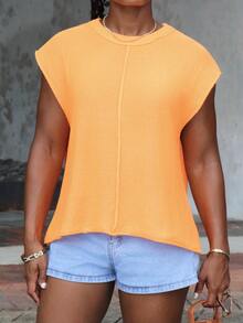 Steph T Women's Solid Color Crew Neck Casual Everyday Sweater Vest - Orange - View 6