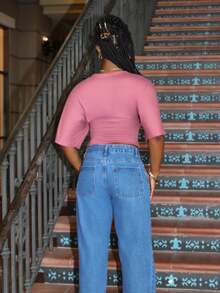 Steph T Women Dusty Pink Regular Length Tee With Ruched Detailing Knitted Fabric Three Quarter Sleeves Round Neck Night Out Autumn Casual Sexy Daytime - Pink - View 2