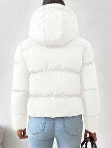SHEIN Tall Size Women Zip Up Snap Button Drawstring Hooded Casual White Solid Color Puffer Winter Coat - White - View 2