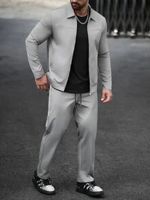 Manfinity CasualCool 男士休閒素色拉鍊夾克套裝，灰色，兩件套 - 深灰色 - 查看 3